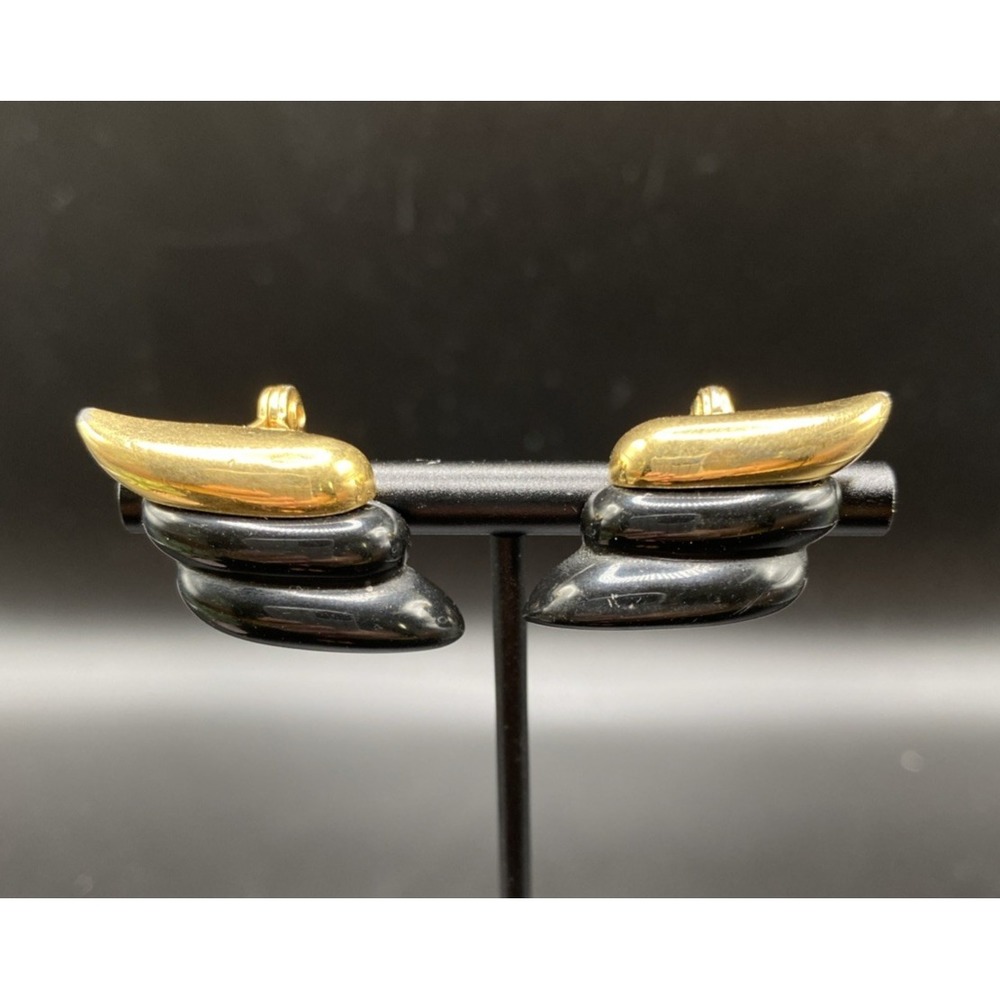 Vintage Estate Monet Black Enamel Gold Tone Abstract Clip On Earrings